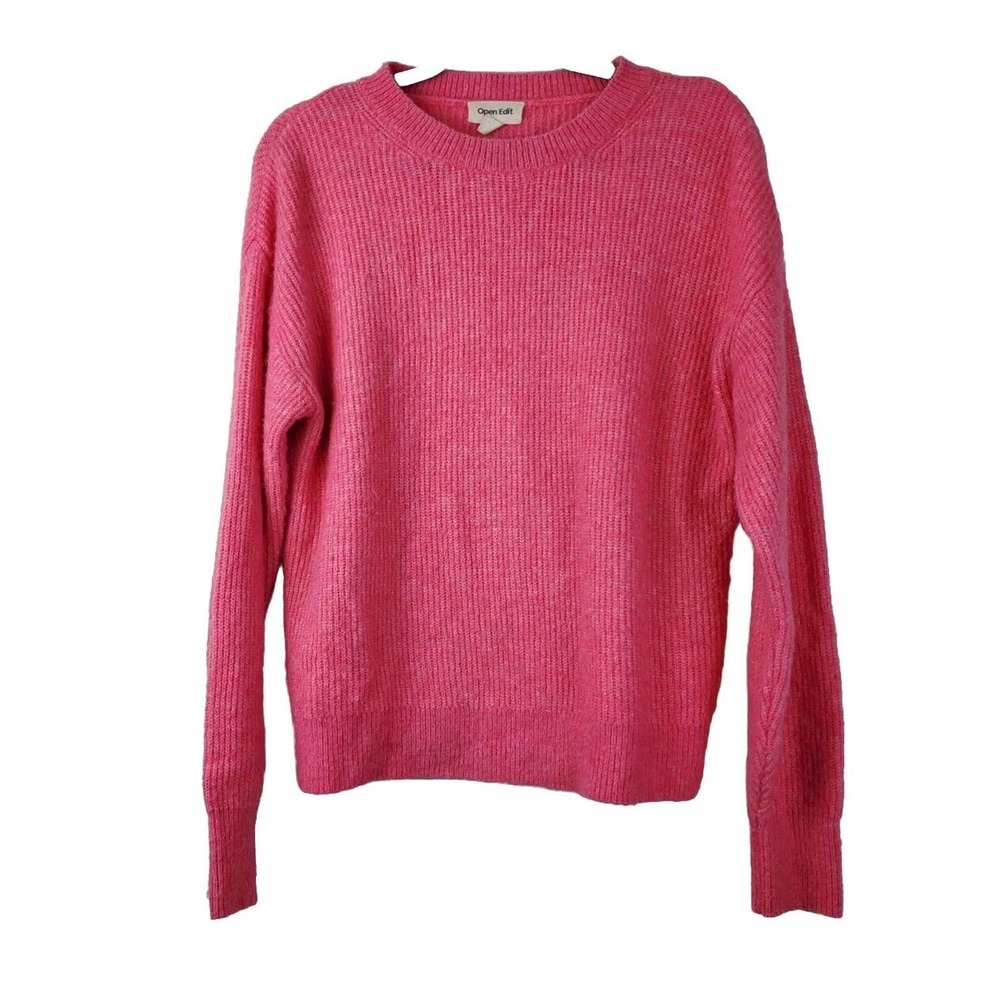 Open Edit Small Pullover Sweater Ribbed Knit Women Hot Pink Barbie Crew Neck